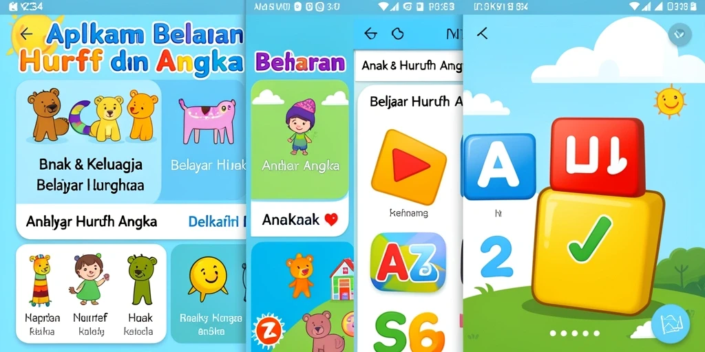 Tampilan antarmuka K234 yang menarik dan edukatif untuk belajar huruf dan angka.