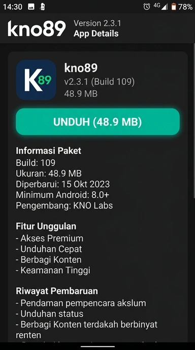 Tampilan halaman APK kno89