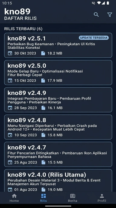 Tampilan riwayat versi kno89
